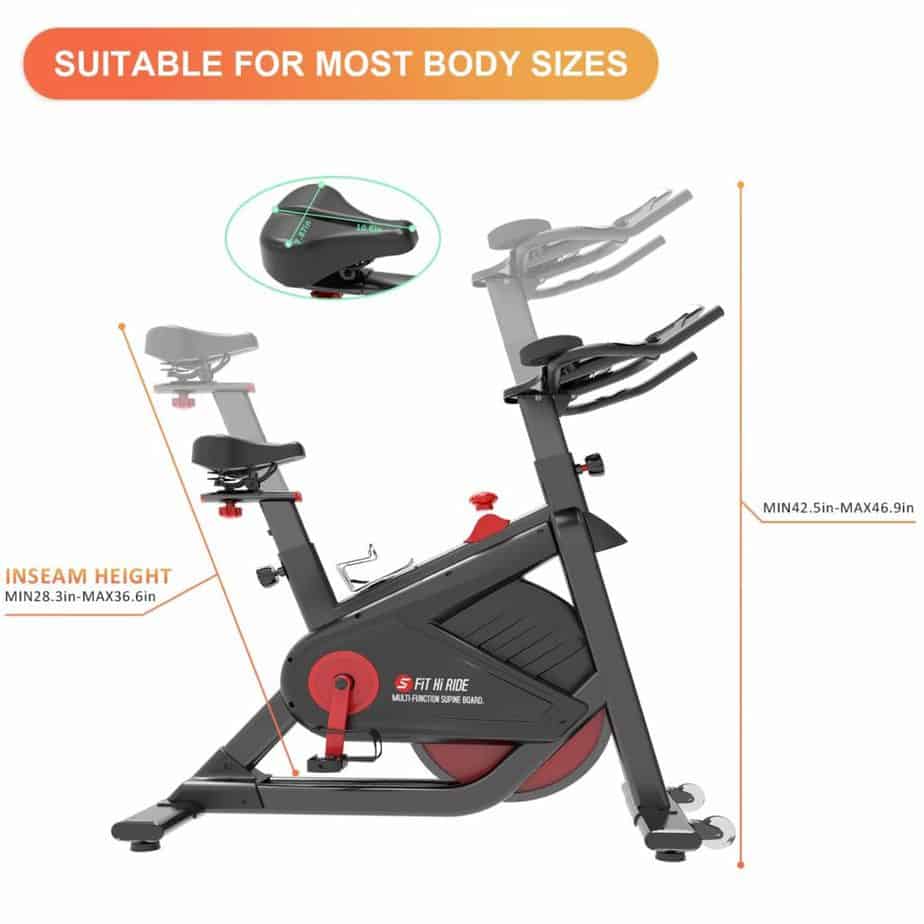 The seat and the handlebar of the SNODE FIR Magnetic Indoor Cycling Bike 8722 are adjustable